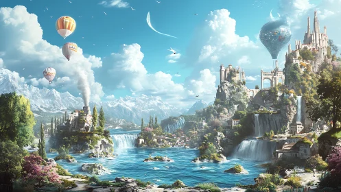 Skyborne citadel above cascading lakes and hot air vistas.