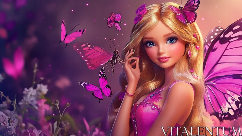 Fairy girl with magenta wings in luminous bokeh garden scene