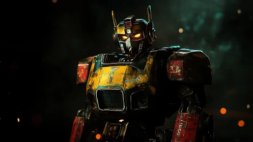 Weathered armored robot in dim atmospheric lighting.