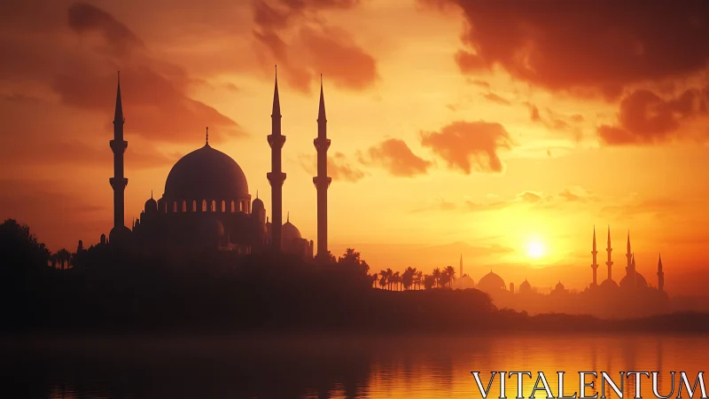 Mosque silhouettes against vivid orange sunset sky.
