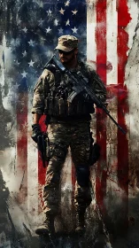 Armored modern soldier stands before distressed US flag backdrop