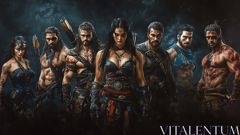 Battle-scarred fantasy warriors united in smoky gloom.