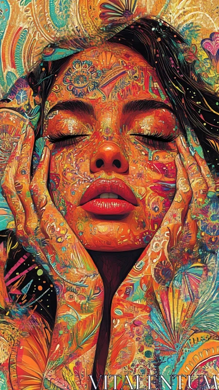 Vibrant dreamlike portrait immerses a serene woman in color