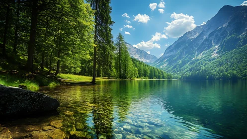 Alpine lake shoreline renders high-clarity forest reflection