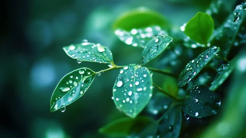 Macro study of rain-dappled leaves with shallow depth of field