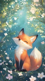 Sunlit fox enjoying a soft, blossom-bright forest day.
