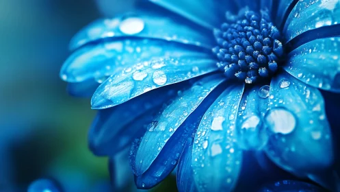 Blue daisy petals with dew droplets in macro botanical focus.