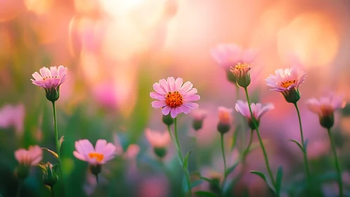 Pink Daisies Dancing Through Golden Hour Reverie.