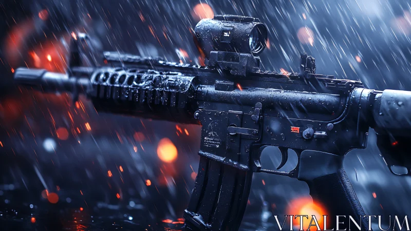 Wet tactical rifle rendered under dynamic rain and bokeh light
