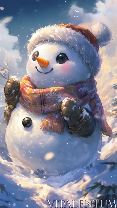 Snowman in knitted hat glows under golden winter light.