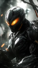 Biomechanical exosuit android with emissive optics in wet forest