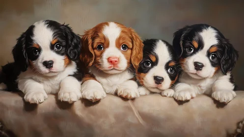 Four spaniel puppies in studio portrait composition.
