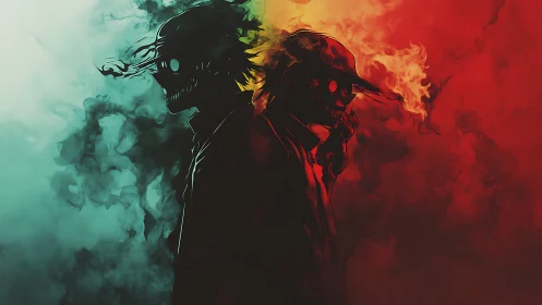 Twin shadow fiends drifting through teal and ember smoke.