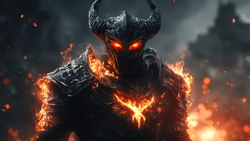 Hellfire armored demon rises from molten ashes in fury