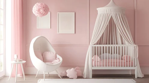 Minimalist blush nursery with canopy crib and pod chair design.