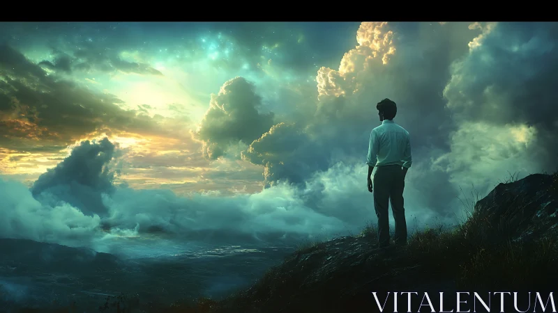 Man observing luminous storm clouds above distant valley.