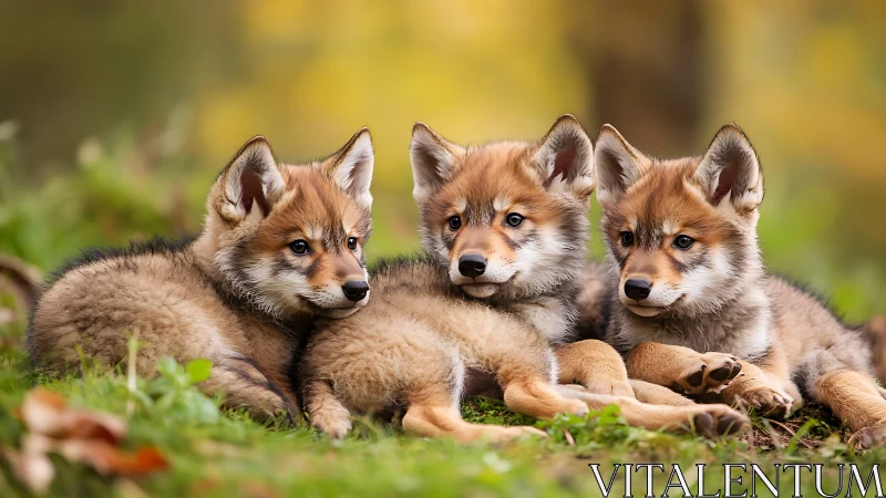 Three wolf pups resting on grass in soft forest light.