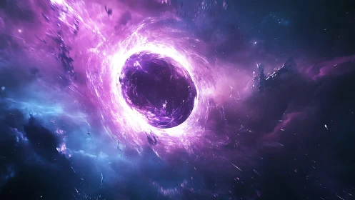 Violet cosmic vortex within luminous interstellar nebula field.