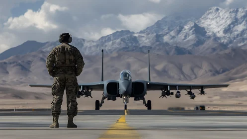 Ground crewman monitoring tactical jet on desert runway