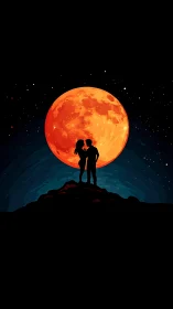 Couple silhouetted against large orange moon night sky.