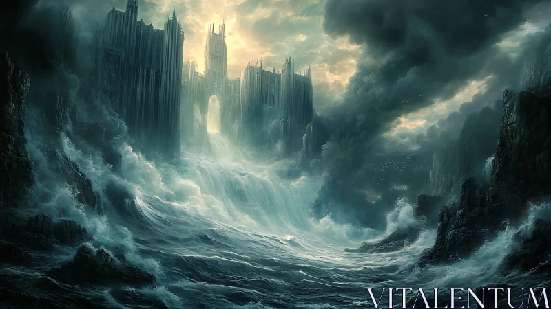 Drowned gothic citadel amid storm-lashed rising ocean.