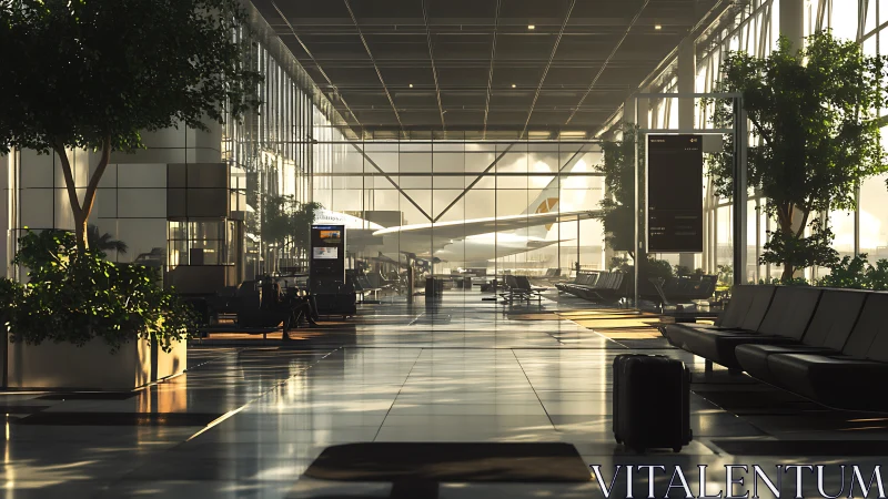 Sunlit airport concourse waits as a lone suitcase listens