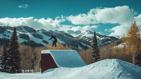 Snowboarder executing aerial trick over park box ramp