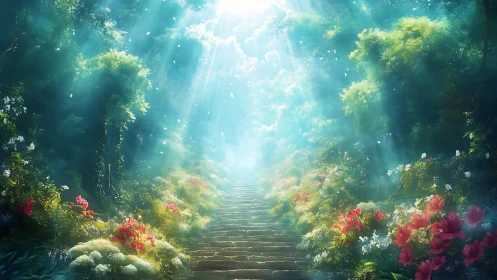 Sunlit stone stairway climbs through a dream-drenched garden