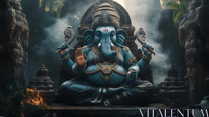 Highly detailed blue Ganesha statue in misty jungle shrine