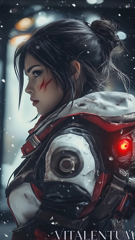 Battle-scarred sci fi huntress stands focused in falling snow