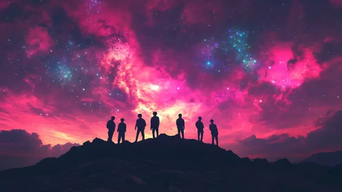 Silhouetted stargazers quietly negotiate with a magenta sky