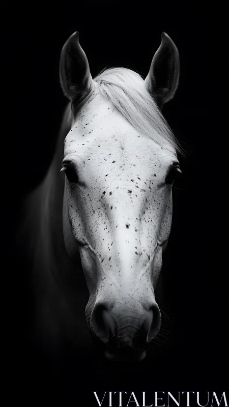 Monochrome frontal portrait of a light spotted horse head.