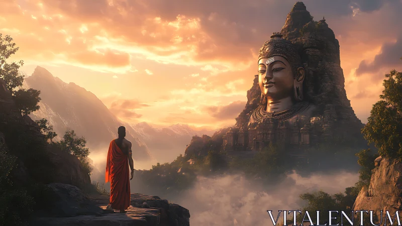 Monk in crimson robe before colossal mountain Buddha at dawn.