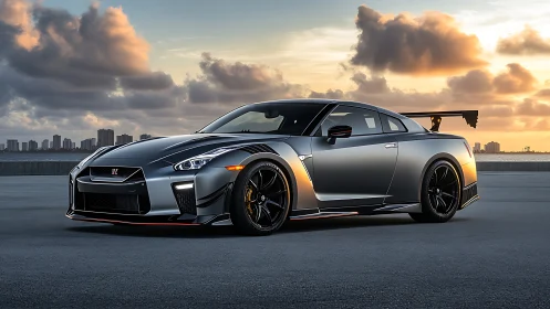 Silver sports car stands poised on rooftop at glowing sunset