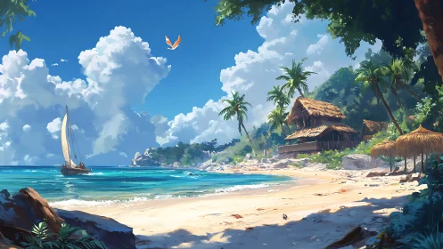 Tropical Beach Setting with Sailboat and Traditional Structures