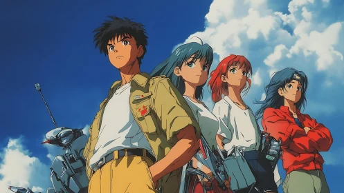 Anime pilots stand united beneath towering summer clouds.