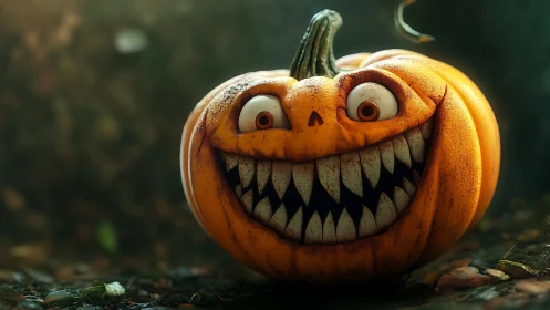 Grinning Halloween pumpkin with wildly mischievous charm.