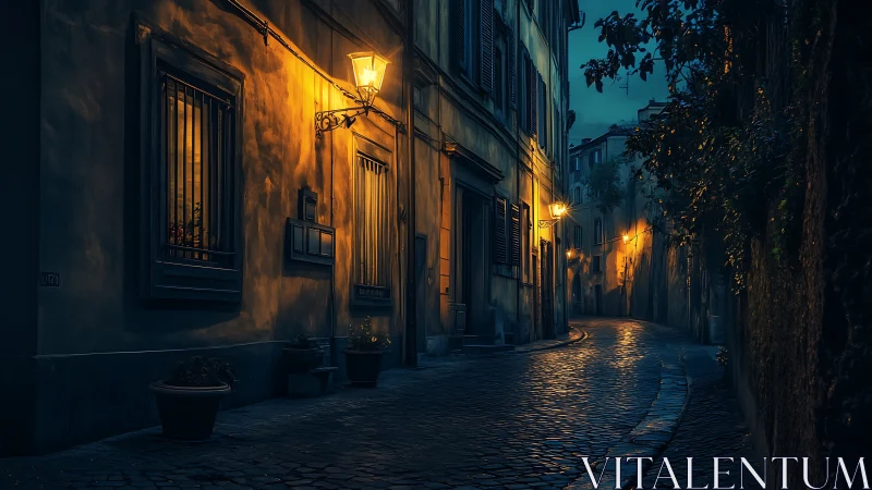 Nocturnal cobblestone alleyway under sodium-vapor lanterns.