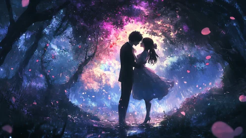 Starry forest lovers embrace under glowing petals at dusk.