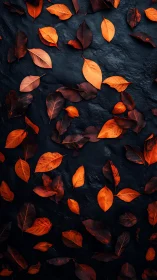 Autumn leaf scatter on wet dark slate background, top-down view