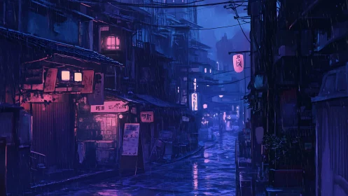 Rain-soaked neon alley glows quietly in a midnight city
