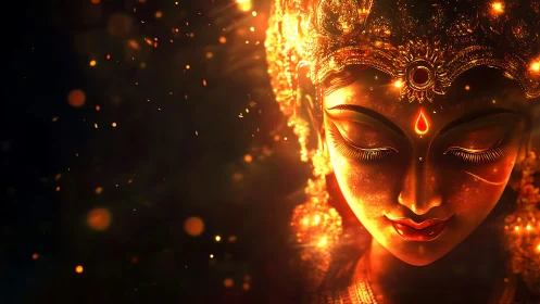 Digital painting of luminous goddess visage in ember light.