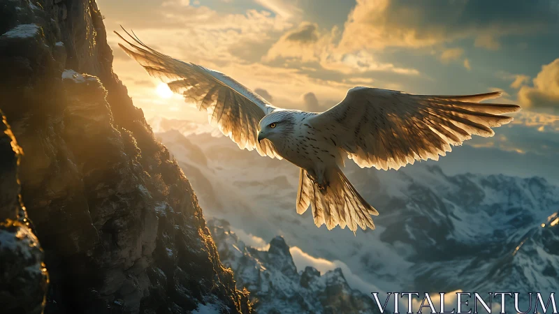 Majestic white hawk soaring over sunlit mountains at sunset.