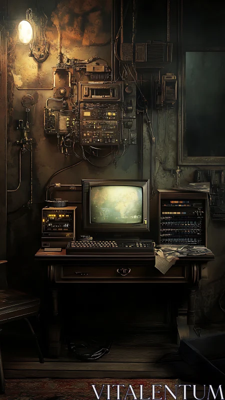 Vintage computer workstation with analog control panels.