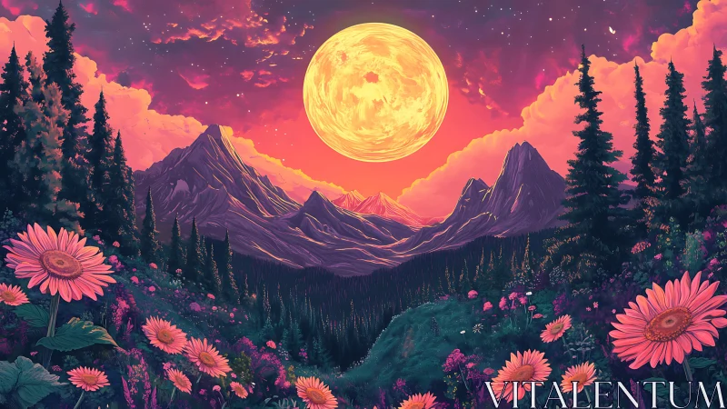 Glowing moon hangs above neon mountains and wildflower valley