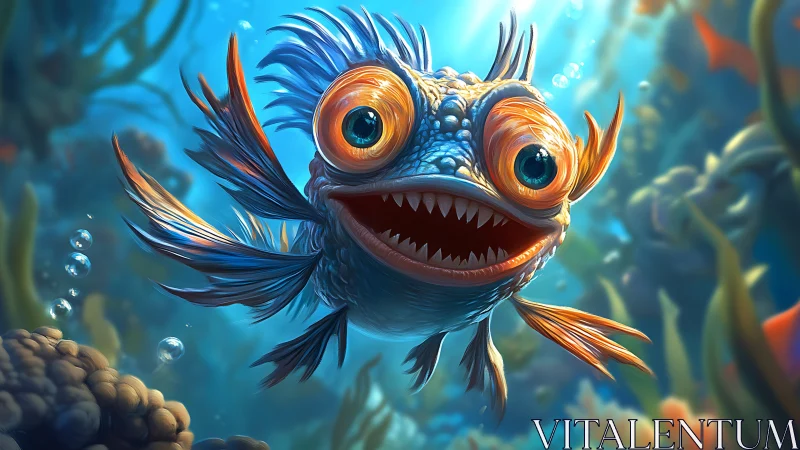 Cartoon-style wide-eyed fish in colorful reef scene.