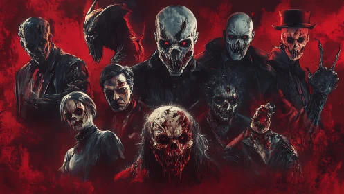 Group of skeletal horror figures posed against blood red backdrop