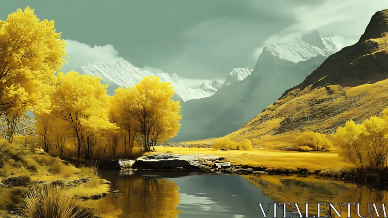 Infrared-toned alpine valley with reflective river and snow peaks