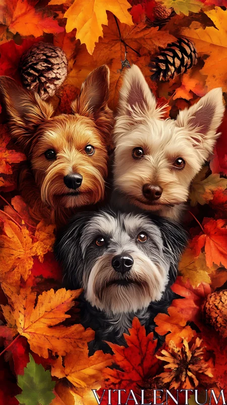 Trio of small dogs nestled in vivid autumn foliage.