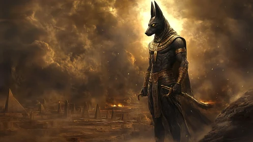 Anthropomorphic Anubis deity dominates apocalyptic desert skyline